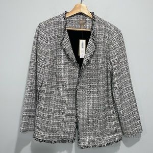 Chico’s fringe tweed blazer jacket open style black white size 2 or large